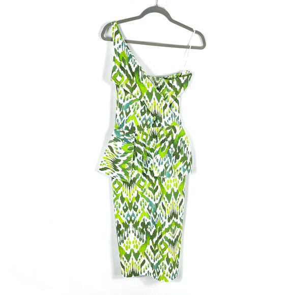 Chiara Boni‎ Chaz Dress Green White Print Sheath One Shoulder Peplum Sz 4 - Picture 4 of 11